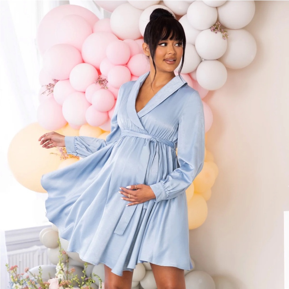 SWEET LULLABY 
MATERNITY POWDER BLUE BELTED WRAP MINI DRESS